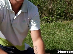 Thick plumper chugs cum after outdoor BJ and face-sits with cocksucking action