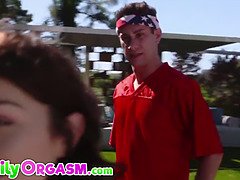 Stepmom and stepdaughter team up to bang in public & cheat on Independence Day