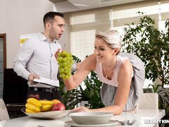 Short-haired beauty smiles while getting her tight pussy drilled