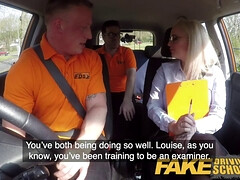 Watch Louise Lee finger blast her way to squirting orgasms in fake driving school with her busty British friend, Luke Hardy