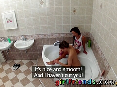 Watch Gina Devine and Eufrat, two hot babes, indulge in steamy bath time fun with pussy licking and oral sex