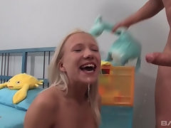 Cute blonde teen Cindy gets rough treatment learning to deepthroat