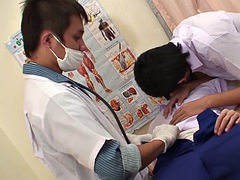 Skinny asian fucking with doctor in threesome until facial