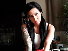 Cutie brunette Lily Lane us standing on the knees and sucking a dick