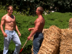 Cock sucking farm hand consumes dick