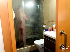 Mavi Burbujita, the busty granny, enjoys a steamy shower with John Luna's big hard-on