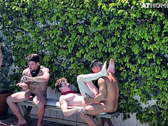 Anal, Lamer culo, Mamada, Gay, Al aire libre, Piscina, Estrella porno, Tatuaje