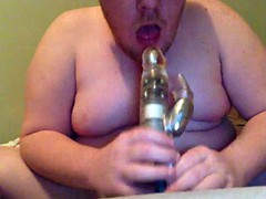 fat fagot runs after playing with a dildo