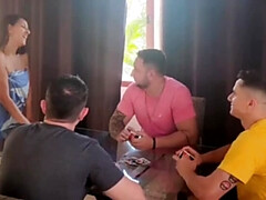 My spouse welcomed his mates over, and I treated them all to a blowjob show!