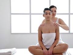 Busty wam dyke pussy licked by babe in erotic massage