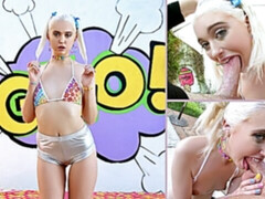 Blond, Pijpbeurt, Sperma in mond, Sperma in gezicht, Gapende, Handbeurt, Likken, Tieten likken