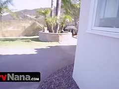 Nasty and lonely nana with big jugs wants some youthful meat and takes two dicks at the same time