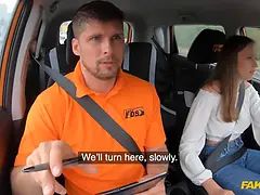 She offers me her perfect jugs to give her a driving test pass - faux driving school