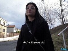 Big-breasted brunette with glasses fucks for some cash