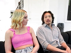 Blondie takes her boss' huge Asian dick with no shame