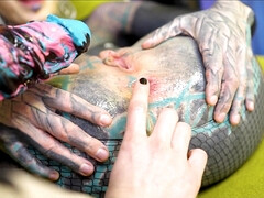 アナル, ブーツ, 茶髪の, レズビアン, なめる, 淫乱熟女, 小柄, ガリガリ