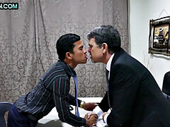 Office Asian twink enjoys anal with white businessman