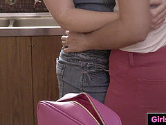 brown-haired lezzies munch cunts in the kitchen