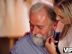 Old man is happy to enjoy tender body of young