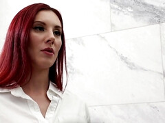 Redheaded beauty with huge tits gets fucked by a client