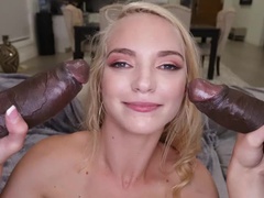 Blonde teen takes 2 huge black cocks - hardcore threesome & blowjob