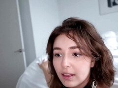 Leana Lovings polishes master's cock and swallows semen