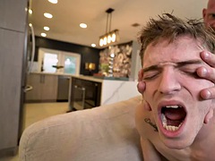 Twink deepthroating in stockings bareback by muscle guy
