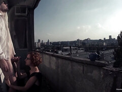 Redhead has her morning coffee and intercourse on the balcony