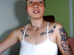 Inked amateur teen has fun with huge dildo