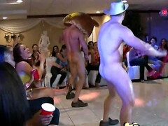 Several amateur chicks stroke dick of athletic stripper on party