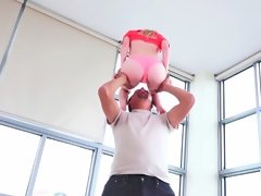 Delicious blonde lady is getting undressed for us