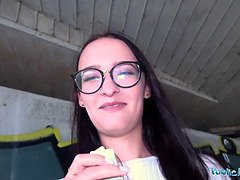 Czech hottie with natural tits gets fucked in public by a stranger after a sloppy BJ