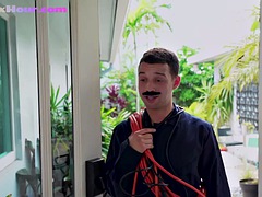 美女, デカチン, カップル, エロティック, 下着, 赤毛, 馬乗り