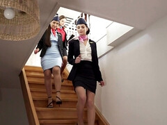 Flight attendants Moona Snake, Rebecca Volpetti and Jenny Doll share hard dick