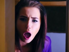 Grote lul, Sperma in mond, Diep in de keel, Sperma in gezicht, Masturbatie, Natuurlijke tieten, Geschoren, Verassing