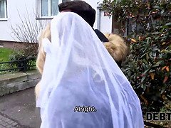 Debt4k. debt collector bangs the bride in milky clothes and stockings