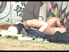 Homeless three way lovemaking in the Street