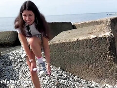 ビーチ, フェラチオ, イく瞬間, チン, アウトドア, 小柄, 公共, ティーン