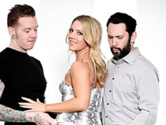 Sun kissed blonde Candice Dare takes two dicks right here