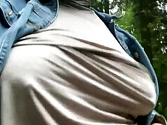 カップル, 乳首, アウトドア, 娼婦, 公共, 垂れ乳, オッパイの, 妻
