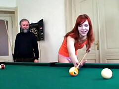 Watch this young redhead teen deepthroat and ride her old man's cock after giving a sloppy blowjob