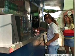 Sexy blonde teen and old man outdoor.mp4