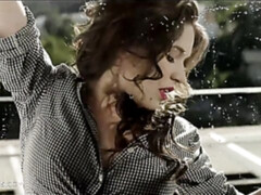 Cute slender brunette with red lips Serena Wood opens her pussy