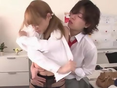 Juicy oriental Tia Bejean brings dude to ejaculation in office