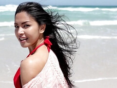 Petite Asian wife model beach striptease