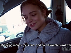 Blonde teen gets rough handjob from bartender in car for cash