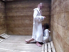 Young bitch sucks cock in sauna and gets fucked standing up