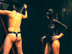 Spank, leather mask, pov handjob