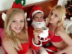 Santa Claus fucks two Spanish girlfriends with blonde hair