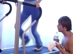 Slave trampled on a treadmill sniffin dirty mistress' shoes & feets